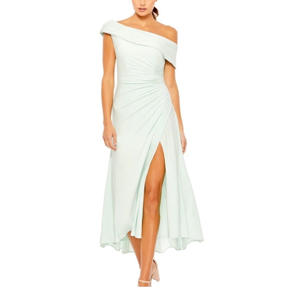 Mac Duggal IEENA Mint One Shoulder Side Gathered MIDI Dress Size 8 Formal